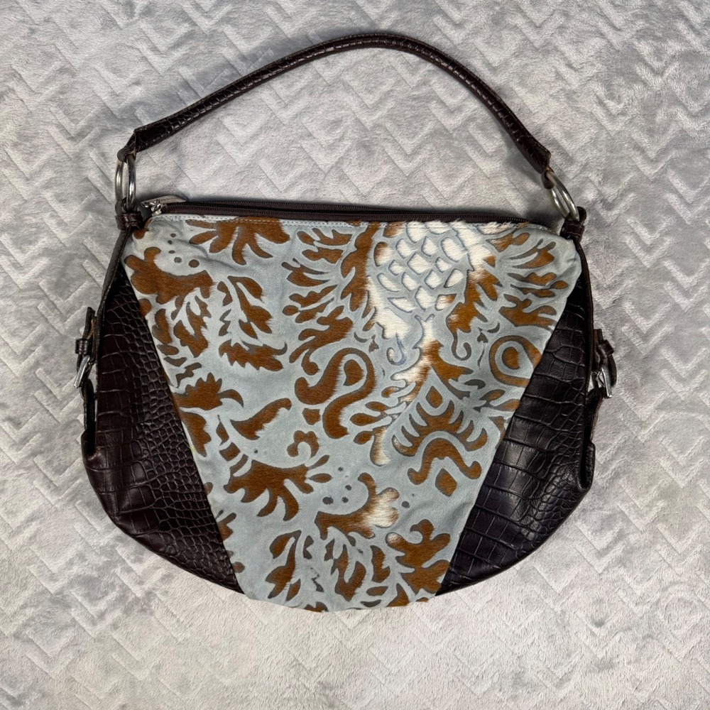 Berge Italian Pony Hair Leather Embossed Hobo Bag Blue Brown Damask Made Italy